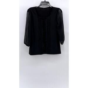 TOPVALU Women's Black Scoop-Neck Lace-Trim Sheer Long Sleeve Top SZ M